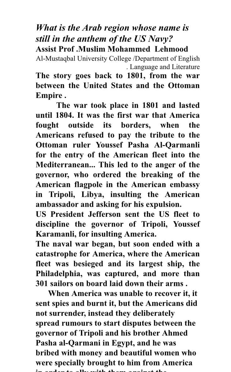 What is the Arab region whose name is still in the anthem of the US Navy?