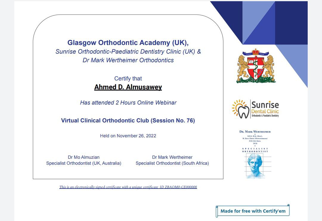 Dr. Ahmad Diaa Al-Mousawi obtained a Certificate of Participation from the Glasgow Academy of Orthodontics (United Kingdom)