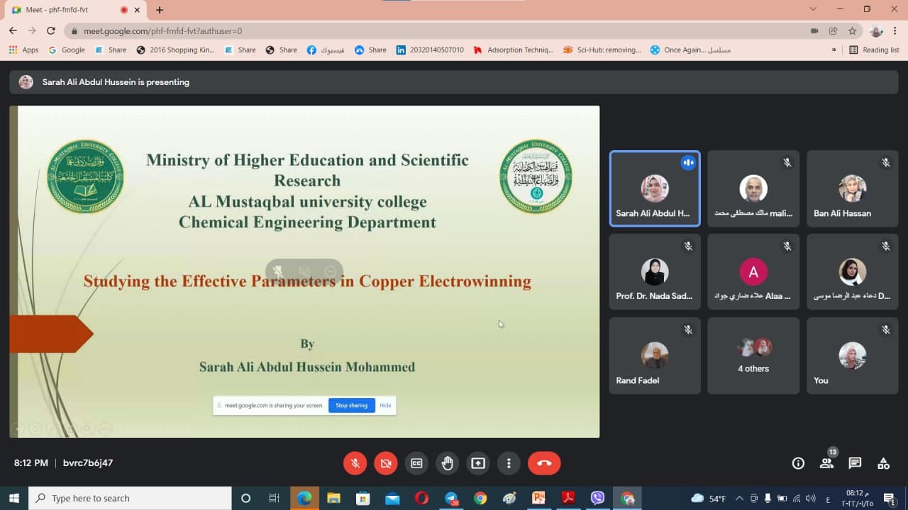 ورشة بعنوان "Studying the Effective Parameters in Copper Electrowinning " قامت بها التدريسية م.م. سارة علي عبد الحسين