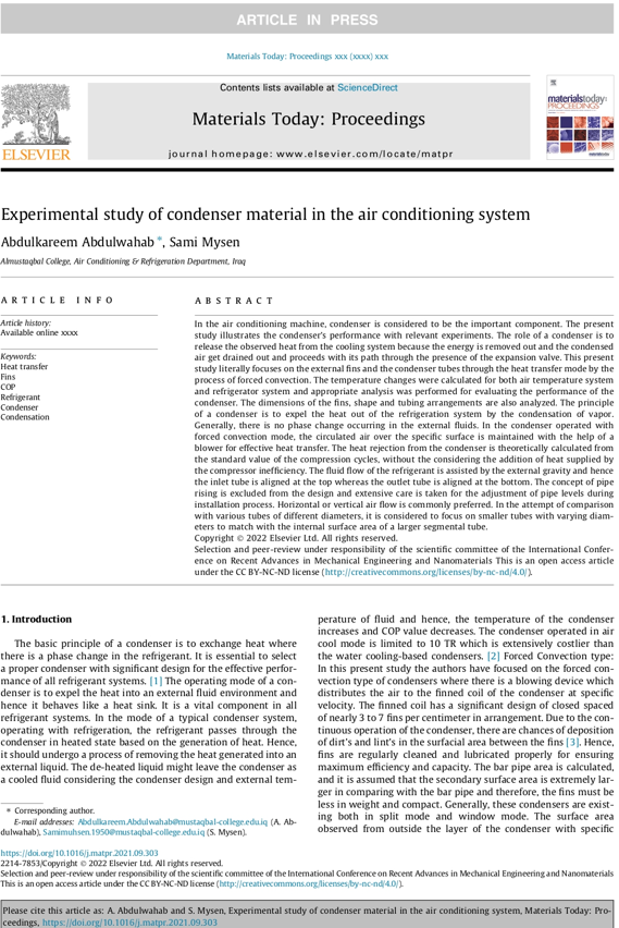 Experimental study of condenser material in the air conditioning system