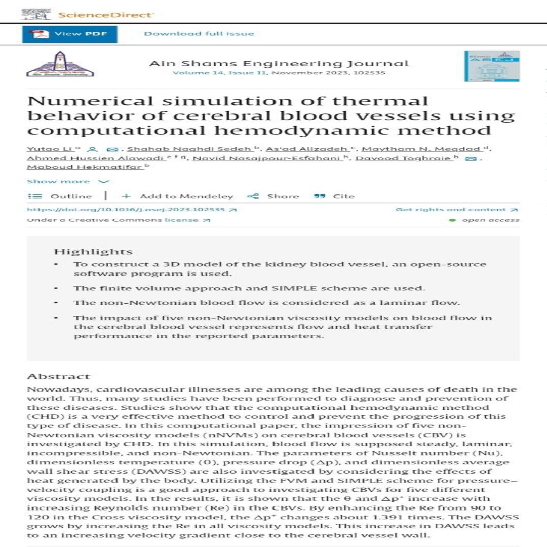 Publishing a scientific research by Dr. Maitham Nabil Ajam tagged “ Numerical simulation of thermal behavior of cerebral blood vessels using computational hemodynamic method "