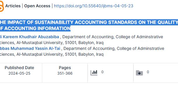 نشر بحث بعنوان THE IMPACT OF SUSTAINABILITY ACCOUNTING STANDARDS ON THE QUALITY OF ACCOUNTING INFORMATION