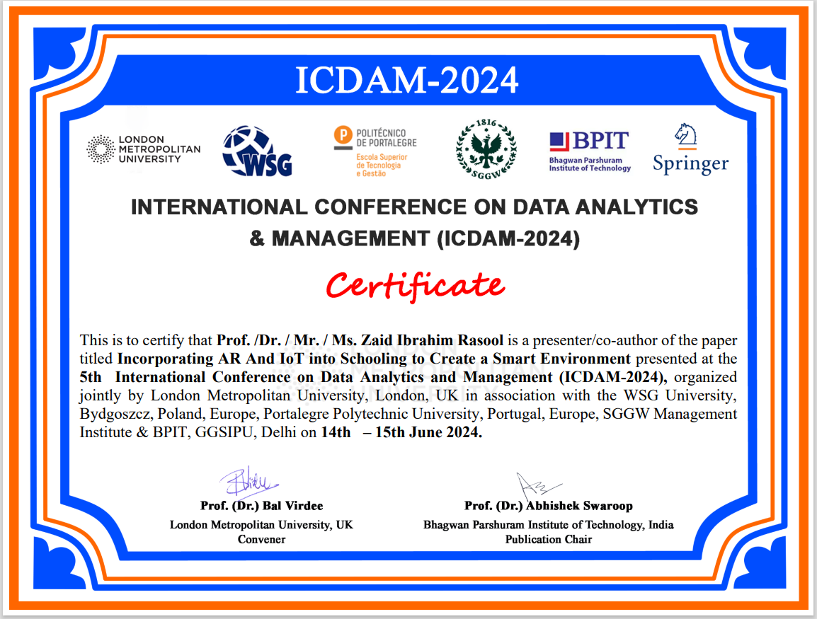 مشاركة  تدريسي في المؤتمر الدولي الخامس لتحليل وإدارة البيانات (ICDAM-2024)