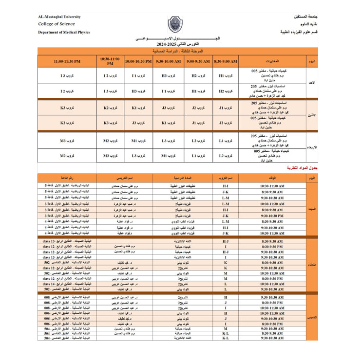 جدول الكورس الثاني للعام الدراسي 2025-2024 للمرحلة الثالثه.