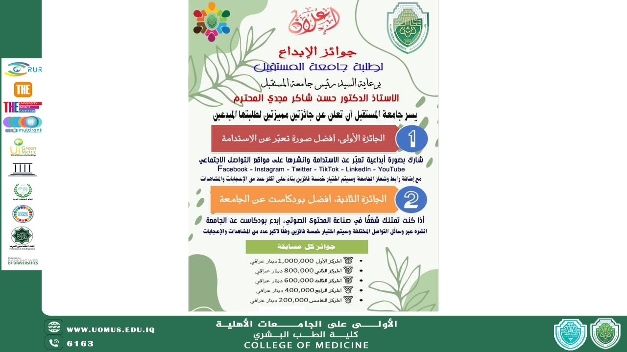 برعاية الأستاذ الدكتور حسن شاكر مجدي المحترم، تعلن جامعة المستقبل عن إطلاق "جائزة الإبداع لطلبة جامعة المستقبل"