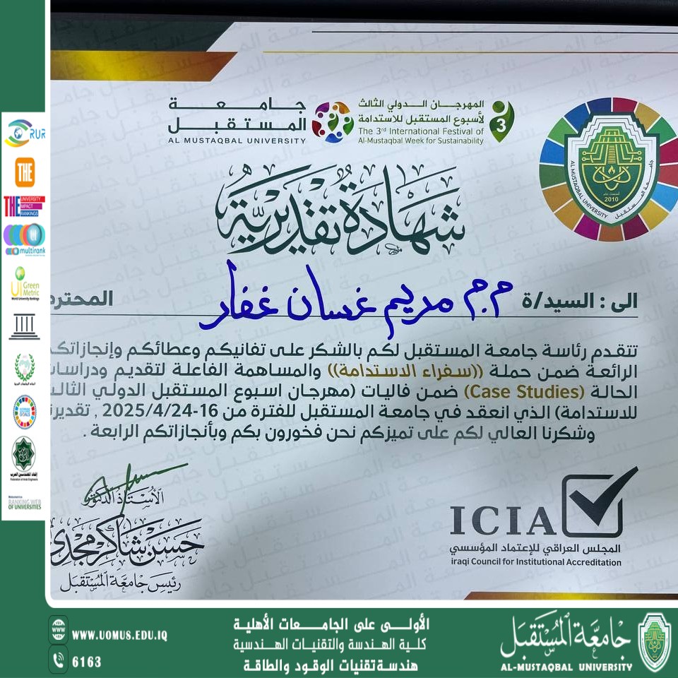 جامعة المستقبل تكرم التدريسية م.م. مريم غسان غفار لمشاركتها المتميزة في مسابقة دراسات الحالة