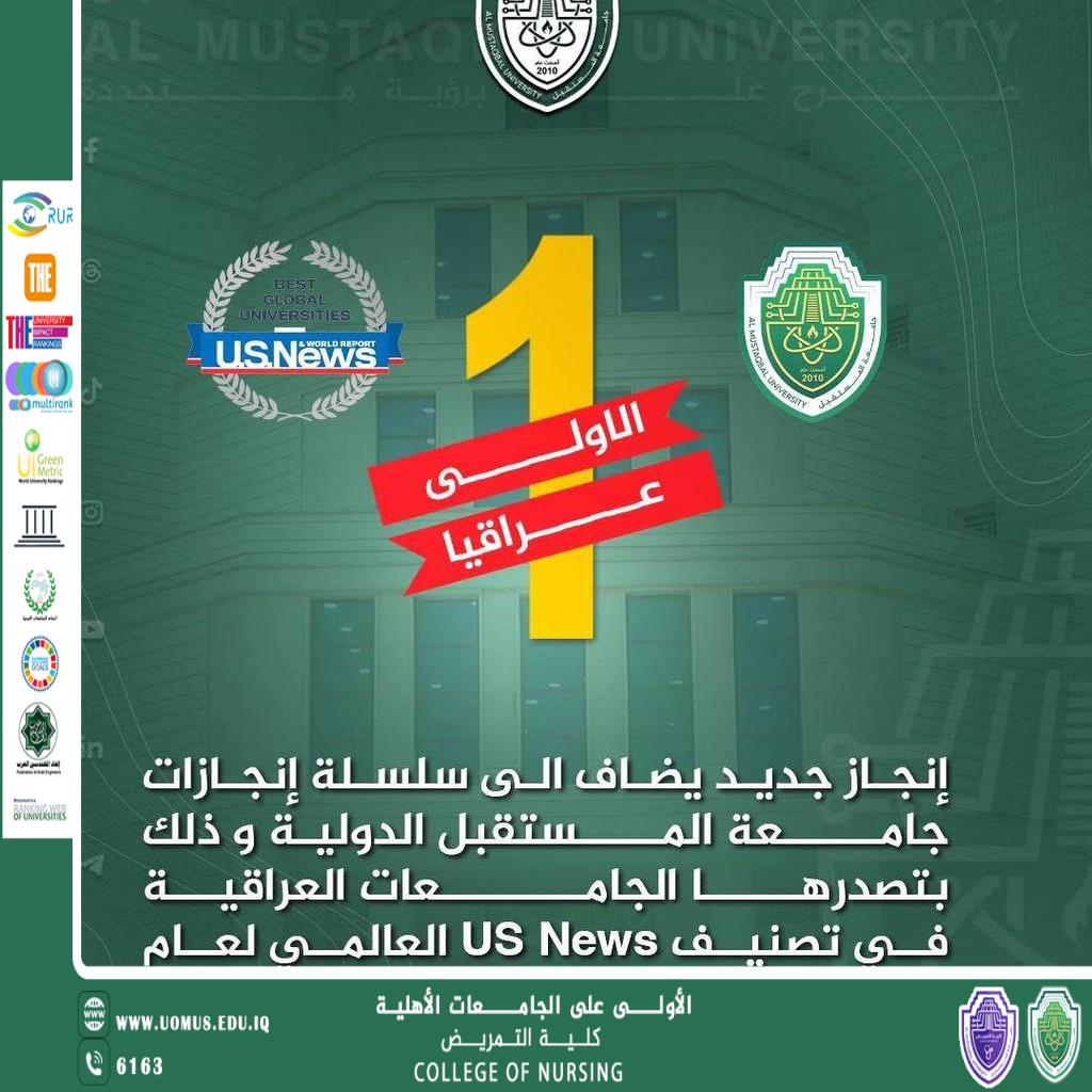 إنجاز جديد يضاف الى سلسلة إنجازات جامعة المستقبل الدولية و ذلك بتصدرها  الجامعات العراقية في تصنيف US News العالمي لعام 2025..