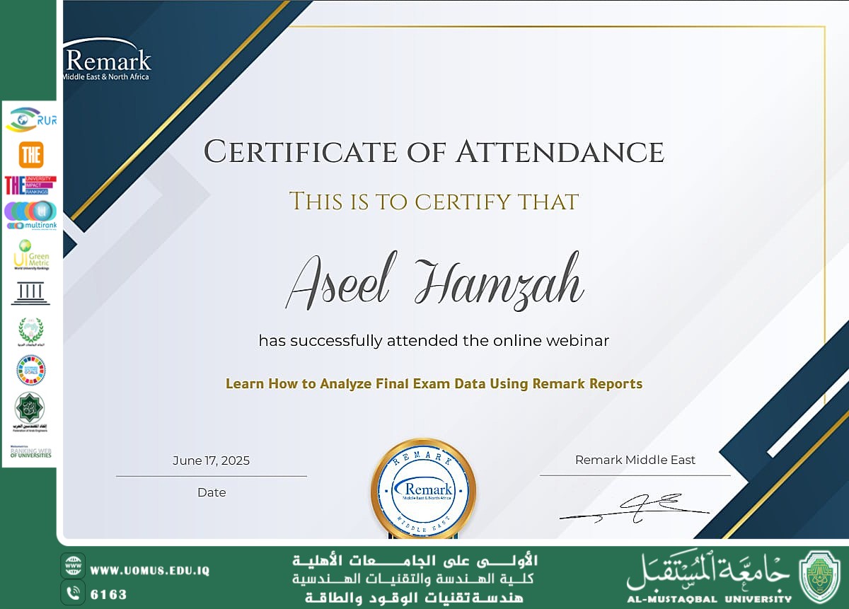 مشاركة الدكتور أسيل صافي حمزة في ورشة عمل الريمارك وتسلمه شهادة مشاركة بعنوان "تعلّم كيف تحلل بيانات الاختبارات النهائية باستخدام تقارير ريمارك"