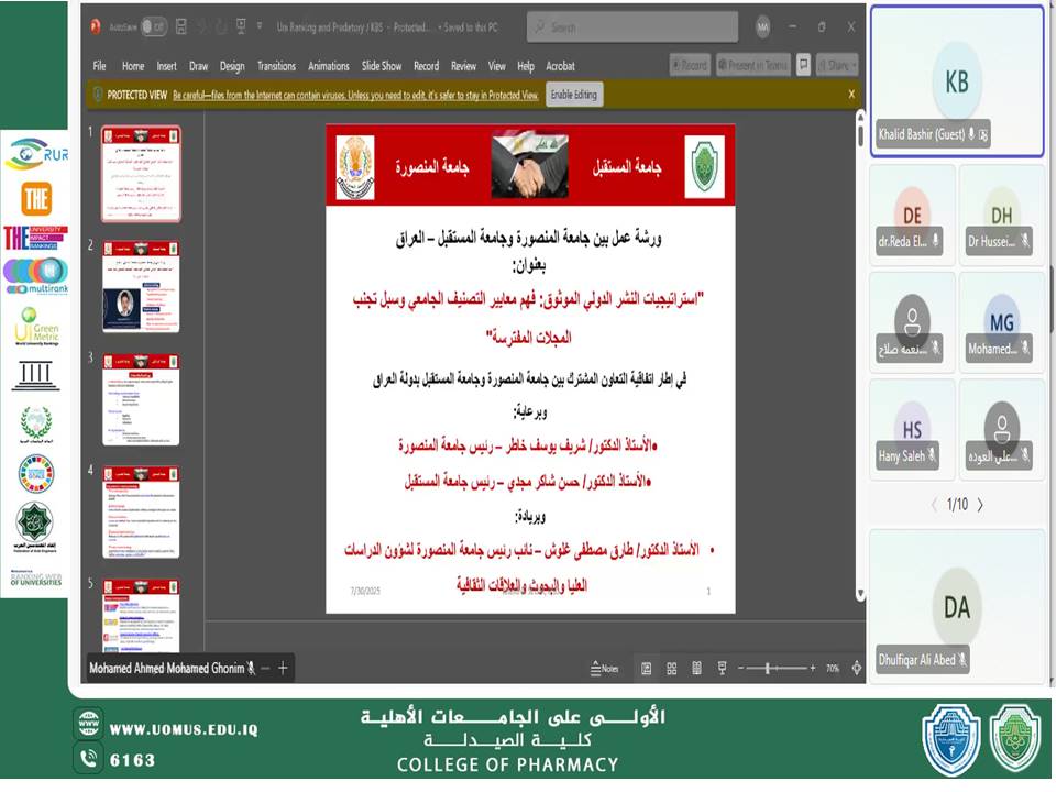 ورشة عمل علمية مشتركة بين جامعة المنصورة – مصر وجامعة المستقبل – العراق