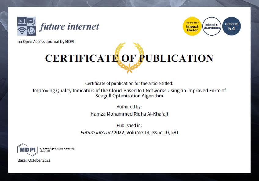 A Distinguished Research Written by Dr. Hamza Mohammad Ridha Al-Khafaji, an Academic at Al-Mustaqbal University College, is published in the Journal of Future Internet